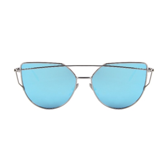 Blue Lens Silver Frame Cat Eye Aviator Sunglasses - Picture 2 of 5